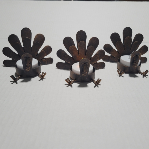 Set of 3 Tin Turkey Tea Lights Candle holder Metal Rustic Thanksgiving Farmhouse - Picture 2 of 7
